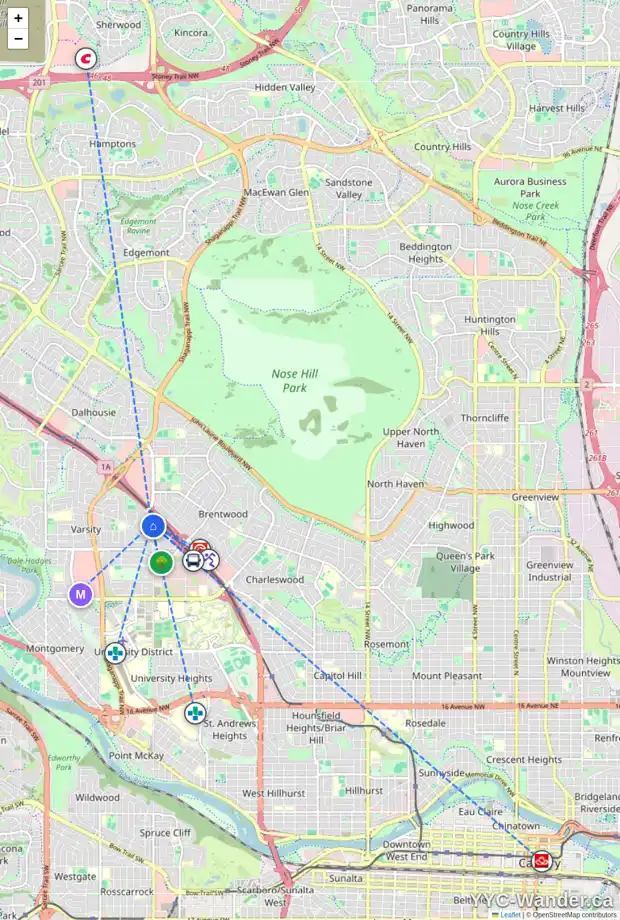 Daily accessibility map for 4419 37 ST NW, Calgary showing nearby schools, grocery stores, parks, LRT stations and nearby amenities