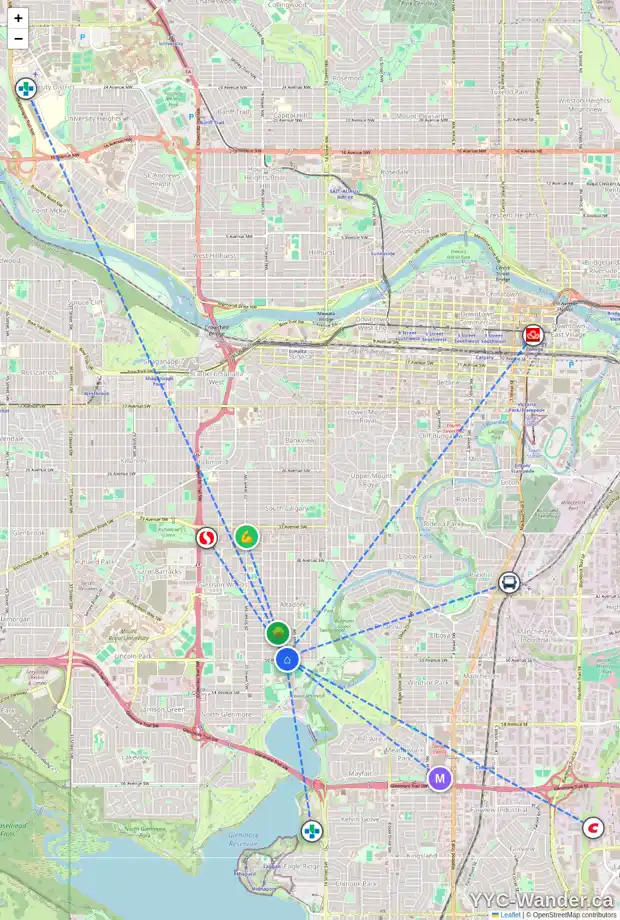 Daily accessibility map for 1730 50 AV SW, Calgary showing nearby schools, grocery stores, parks, LRT stations and nearby amenities