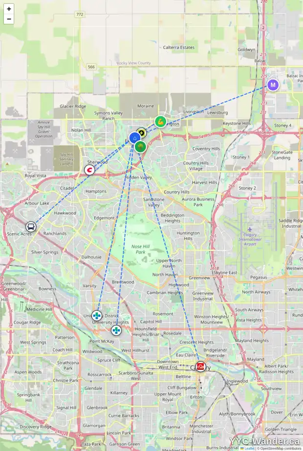 Daily accessibility map for 411 EVANSTON SQ NW, Calgary showing nearby schools, grocery stores, parks, LRT stations and nearby amenities