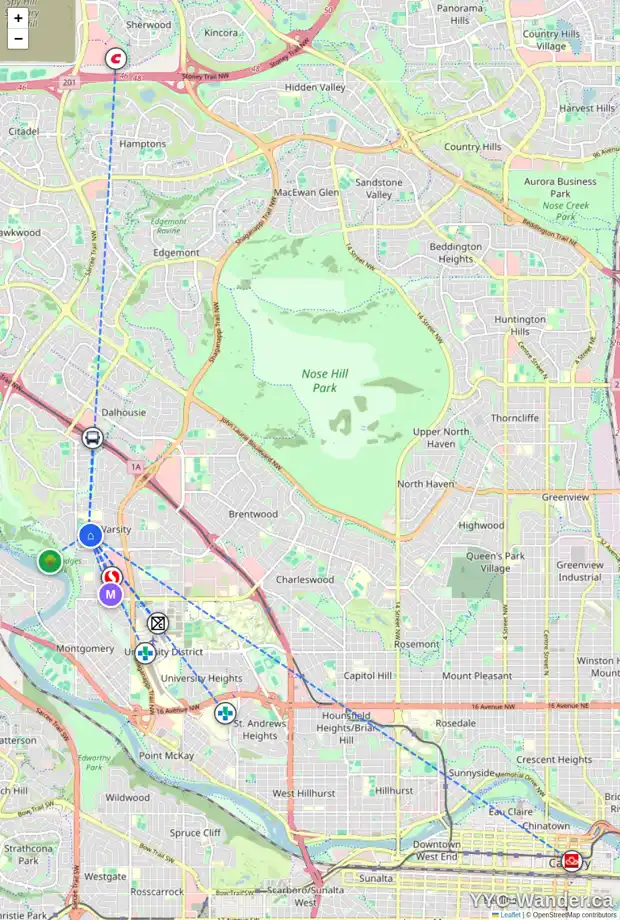 Daily accessibility map for 4404 52 ST NW, Calgary showing nearby schools, grocery stores, parks, LRT stations and nearby amenities