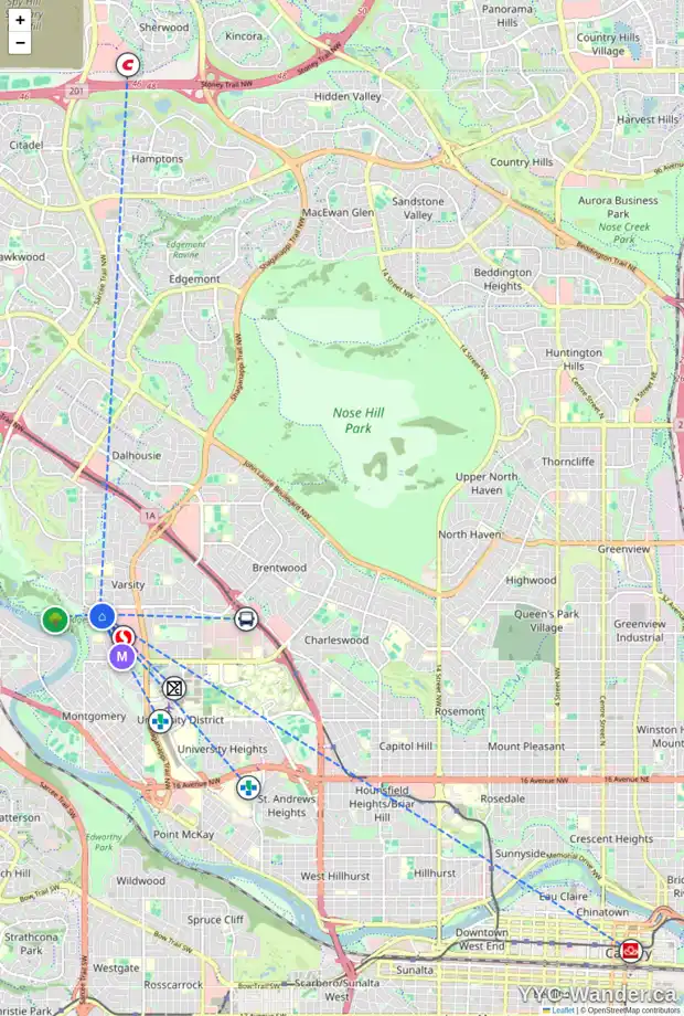 Daily accessibility map for 14 VARSDALE PL NW, Calgary showing nearby schools, grocery stores, parks, LRT stations and nearby amenities