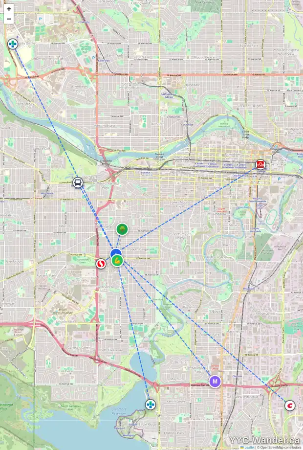Daily accessibility map for 2134 32 AV SW, Calgary showing nearby schools, grocery stores, parks, LRT stations and nearby amenities