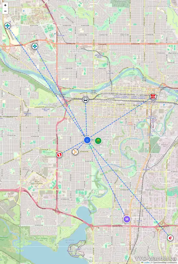 Daily accessibility map for 1640 28 AV SW, Calgary showing nearby schools, grocery stores, parks, LRT stations and nearby amenities