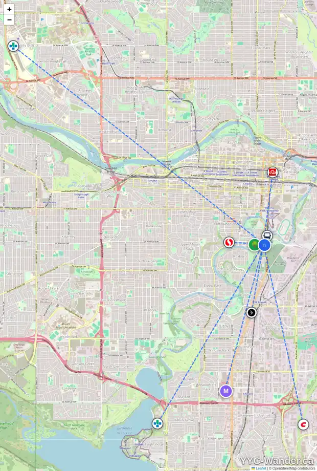 Daily accessibility map for 14 27 AV SW, Calgary showing nearby schools, grocery stores, parks, LRT stations and nearby amenities