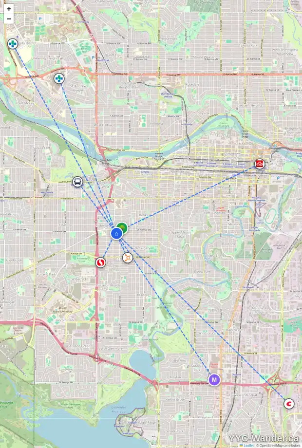 Daily accessibility map for 2126 27 AV SW, Calgary showing nearby schools, grocery stores, parks, LRT stations and nearby amenities