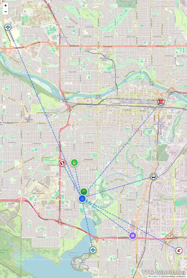 Daily accessibility map for 1923 49 AV SW, Calgary showing nearby schools, grocery stores, parks, LRT stations and nearby amenities