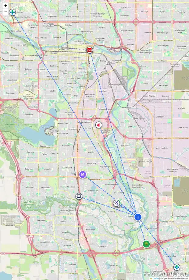 Daily accessibility map for 14779 DEER RUN DR SE, Calgary showing nearby schools, grocery stores, parks, LRT stations and nearby amenities