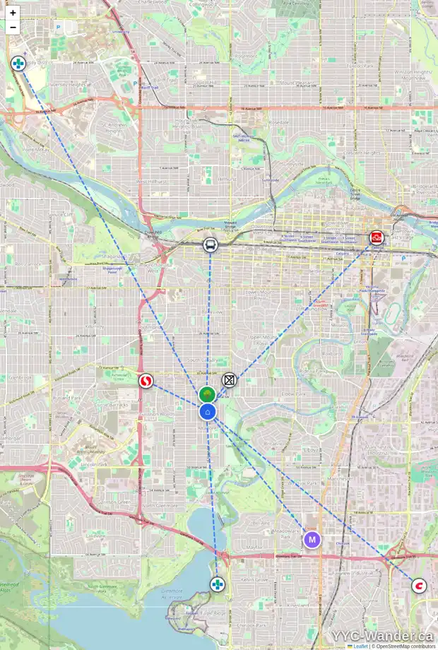 Daily accessibility map for 4103 16 ST SW, Calgary showing nearby schools, grocery stores, parks, LRT stations and nearby amenities