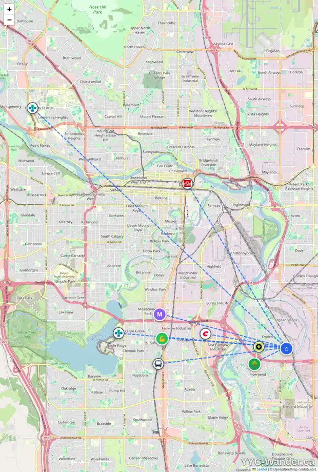 Daily accessibility map for 7618 OGDEN RD SE, Calgary showing nearby schools, grocery stores, parks, LRT stations and nearby amenities