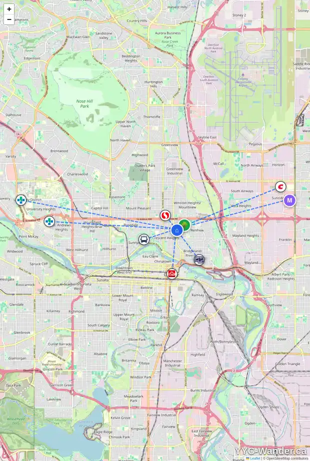 Daily accessibility map for 425 12 AV NE, Calgary showing nearby schools, grocery stores, parks, LRT stations and nearby amenities