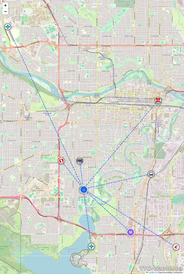 Daily accessibility map for 1744 47 AV SW, Calgary showing nearby schools, grocery stores, parks, LRT stations and nearby amenities