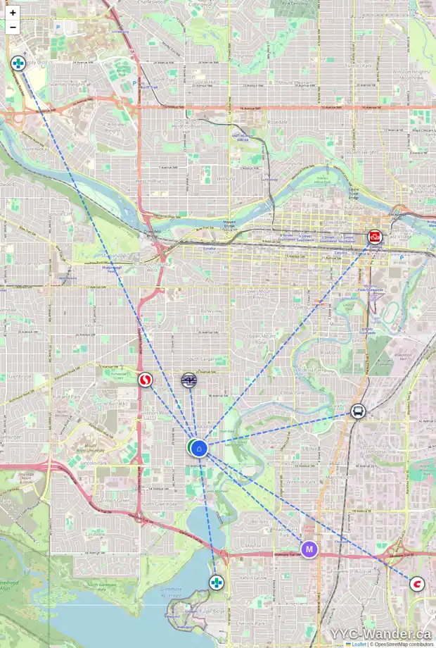 Daily accessibility map for 1742 47 AV SW, Calgary showing nearby schools, grocery stores, parks, LRT stations and nearby amenities