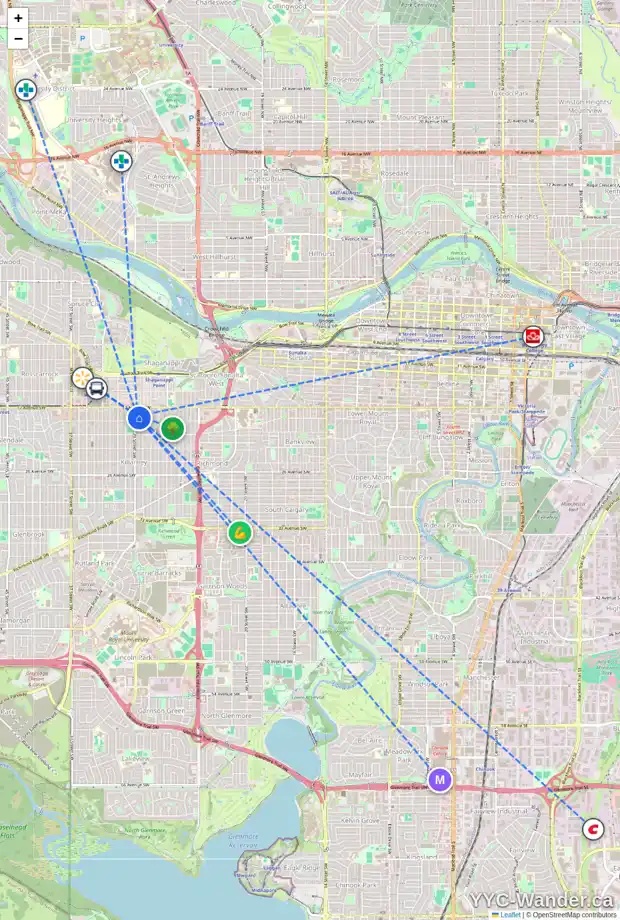 Daily accessibility map for 1922 29 ST SW, Calgary showing nearby schools, grocery stores, parks, LRT stations and nearby amenities
