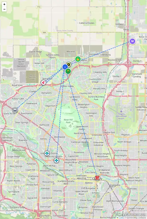 Daily accessibility map for 503 EVANSTON SQ NW, Calgary showing nearby schools, grocery stores, parks, LRT stations and nearby amenities