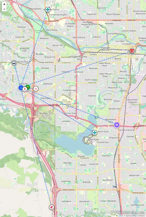 Daily accessibility map for 48 SIERRA VISTA CL SW, Calgary showing nearby schools, grocery stores, parks, LRT stations and nearby amenities