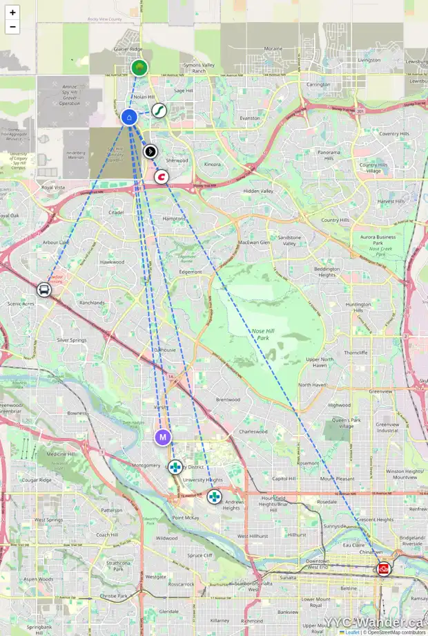 Daily accessibility map for 106 NOLANCLIFF CR NW, Calgary showing nearby schools, grocery stores, parks, LRT stations and nearby amenities