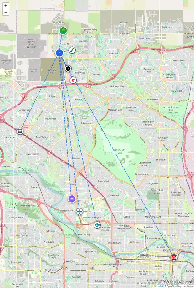 Daily accessibility map for 86 NOLANCLIFF CR NW, Calgary showing nearby schools, grocery stores, parks, LRT stations and nearby amenities