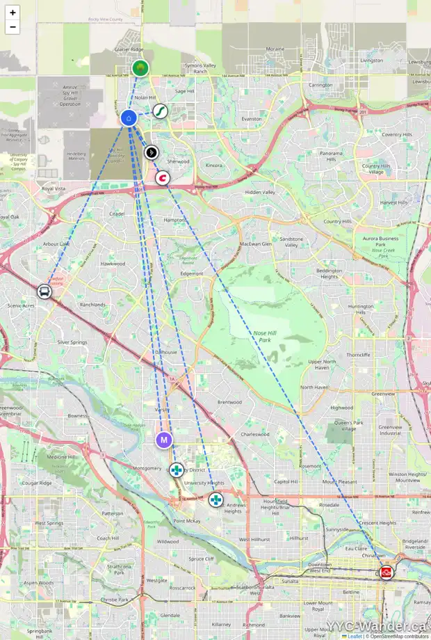 Daily accessibility map for 122 NOLANCLIFF CR NW, Calgary showing nearby schools, grocery stores, parks, LRT stations and nearby amenities