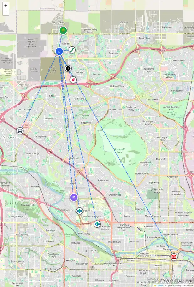 Daily accessibility map for 437 NOLAN HILL BV NW, Calgary showing nearby schools, grocery stores, parks, LRT stations and nearby amenities