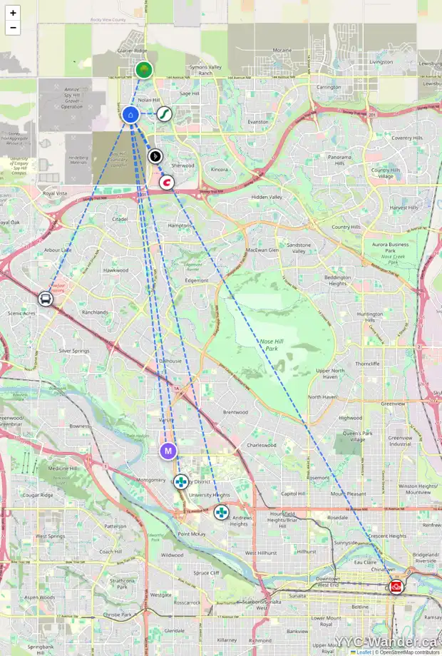 Daily accessibility map for 495 NOLAN HILL BV NW, Calgary showing nearby schools, grocery stores, parks, LRT stations and nearby amenities
