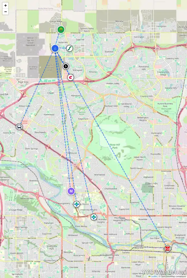 Daily accessibility map for 501 NOLAN HILL BV NW, Calgary showing nearby schools, grocery stores, parks, LRT stations and nearby amenities