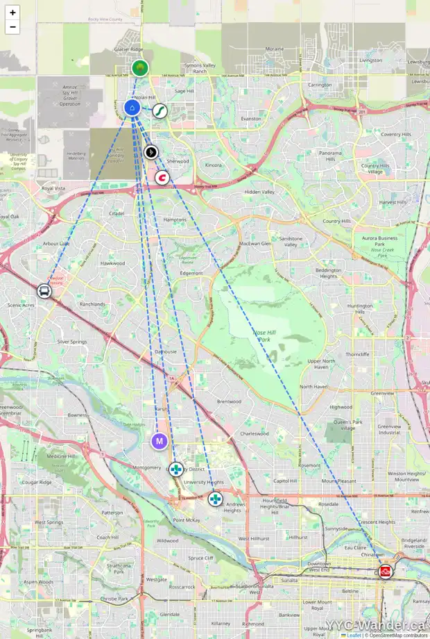 Daily accessibility map for 336 NOLANCREST HT NW, Calgary showing nearby schools, grocery stores, parks, LRT stations and nearby amenities