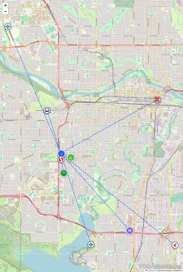 Daily accessibility map for 2442 32 AV SW, Calgary showing nearby schools, grocery stores, parks, LRT stations and nearby amenities