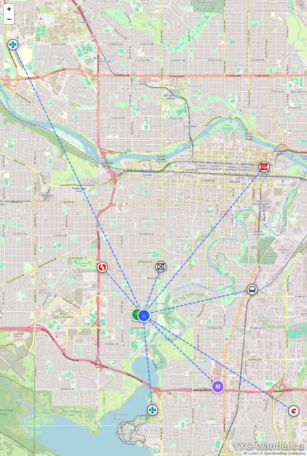 Daily accessibility map for 1716 47 AV SW, Calgary showing nearby schools, grocery stores, parks, LRT stations and nearby amenities