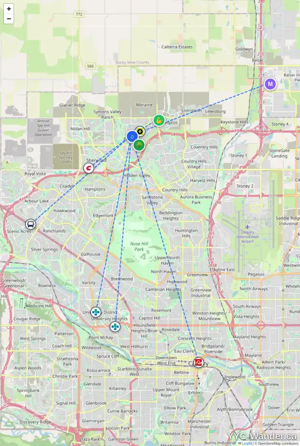 Daily accessibility map for 609 EVANSTON SQ NW, Calgary showing nearby schools, grocery stores, parks, LRT stations and nearby amenities