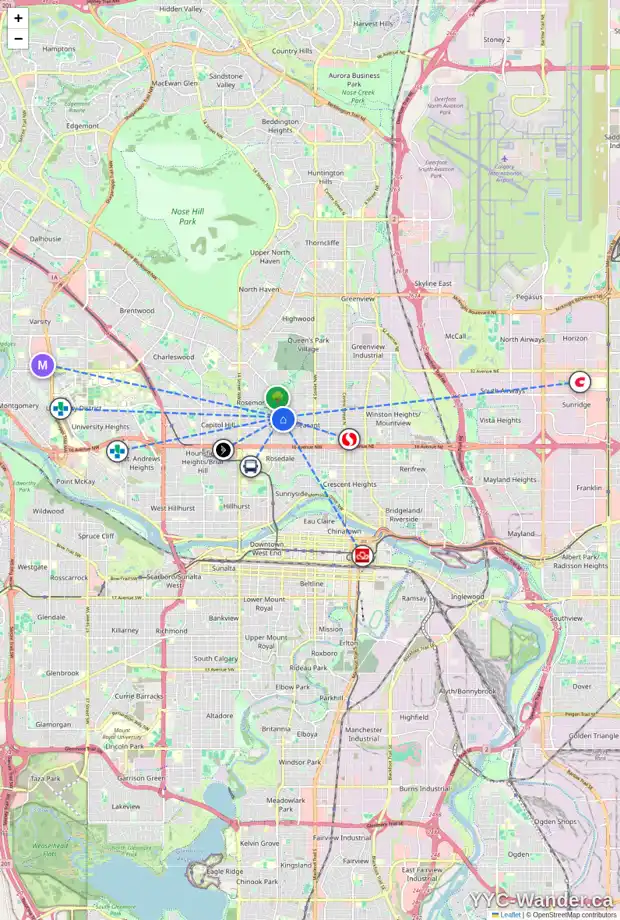 Daily accessibility map for 908 22 AV NW, Calgary showing nearby schools, grocery stores, parks, LRT stations and nearby amenities
