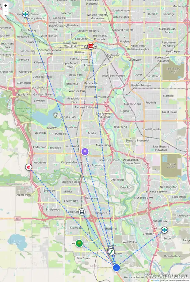 Daily accessibility map for 2000 226 AV SE, Calgary showing nearby schools, grocery stores, parks, LRT stations and nearby amenities