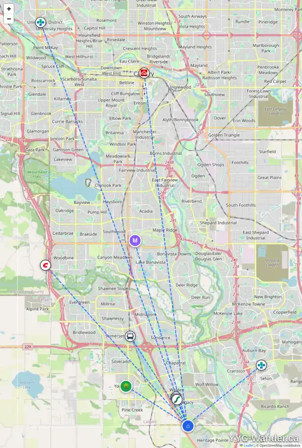 Daily accessibility map for 2250 226 AV SE, Calgary showing nearby schools, grocery stores, parks, LRT stations and nearby amenities