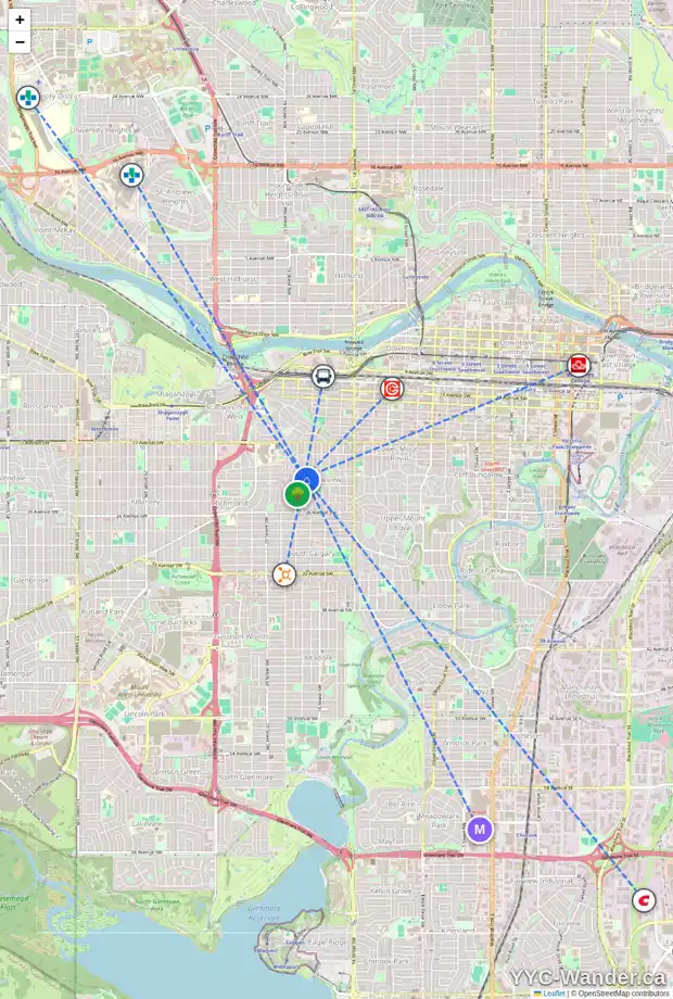 Daily accessibility map for 201 2306 17A ST SW, Calgary showing nearby schools, grocery stores, parks, LRT stations and nearby amenities
