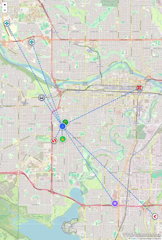 Daily accessibility map for 2125 27 AV SW, Calgary showing nearby schools, grocery stores, parks, LRT stations and nearby amenities