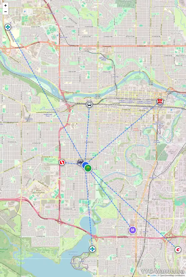 Daily accessibility map for 1 1737 36 AV SW, Calgary showing nearby schools, grocery stores, parks, LRT stations and nearby amenities