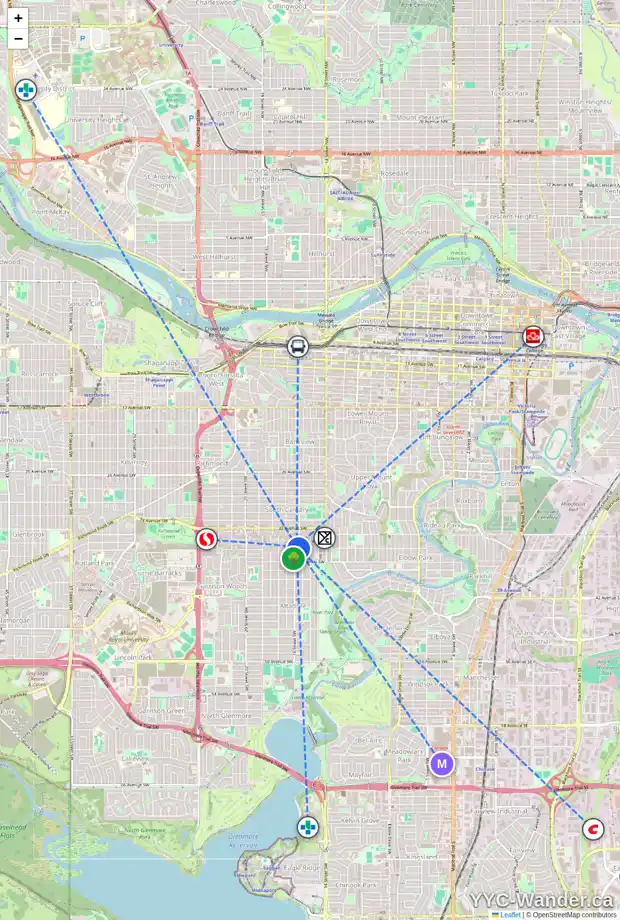 Daily accessibility map for 1 3708 16 ST SW, Calgary showing nearby schools, grocery stores, parks, LRT stations and nearby amenities