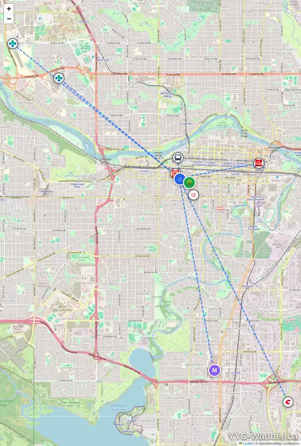 Daily accessibility map for 1808 1111 10 ST SW, Calgary showing nearby schools, grocery stores, parks, LRT stations and nearby amenities