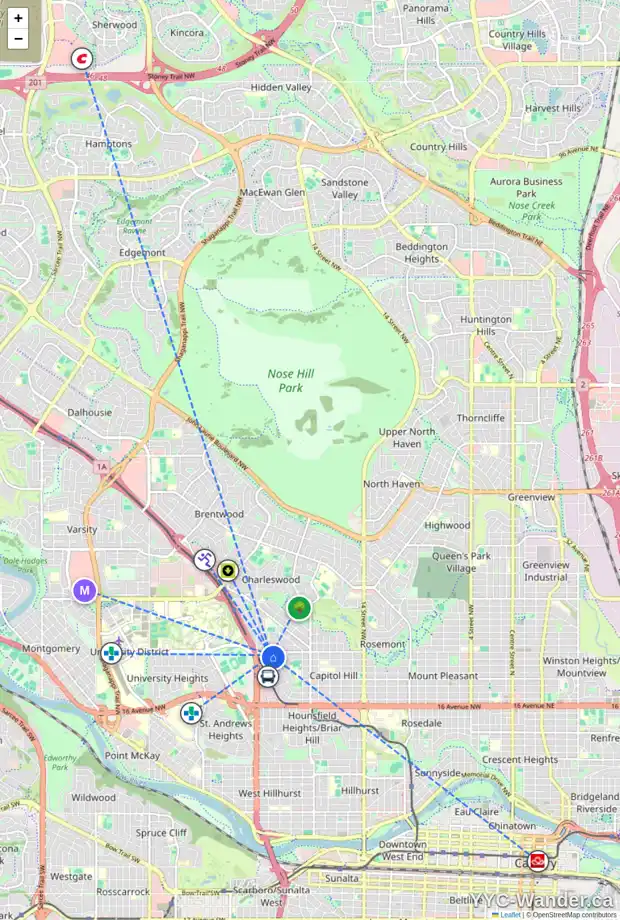 Daily accessibility map for 2451 22A ST NW, Calgary showing nearby schools, grocery stores, parks, LRT stations and nearby amenities