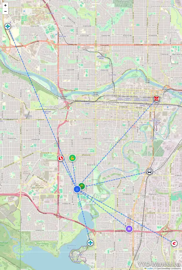 Daily accessibility map for 2004 48 AV SW, Calgary showing nearby schools, grocery stores, parks, LRT stations and nearby amenities