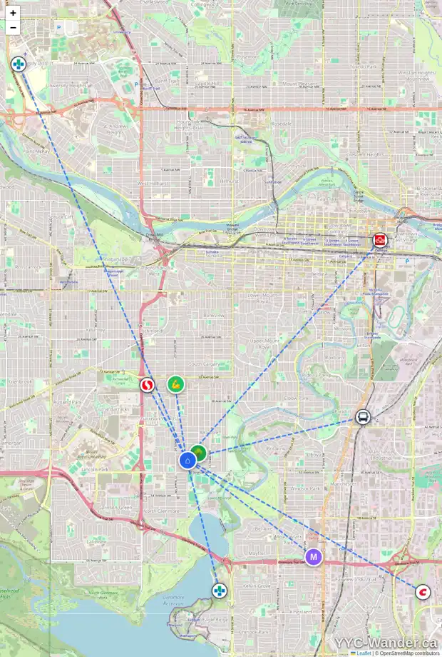 Daily accessibility map for 4815 19 ST SW, Calgary showing nearby schools, grocery stores, parks, LRT stations and nearby amenities