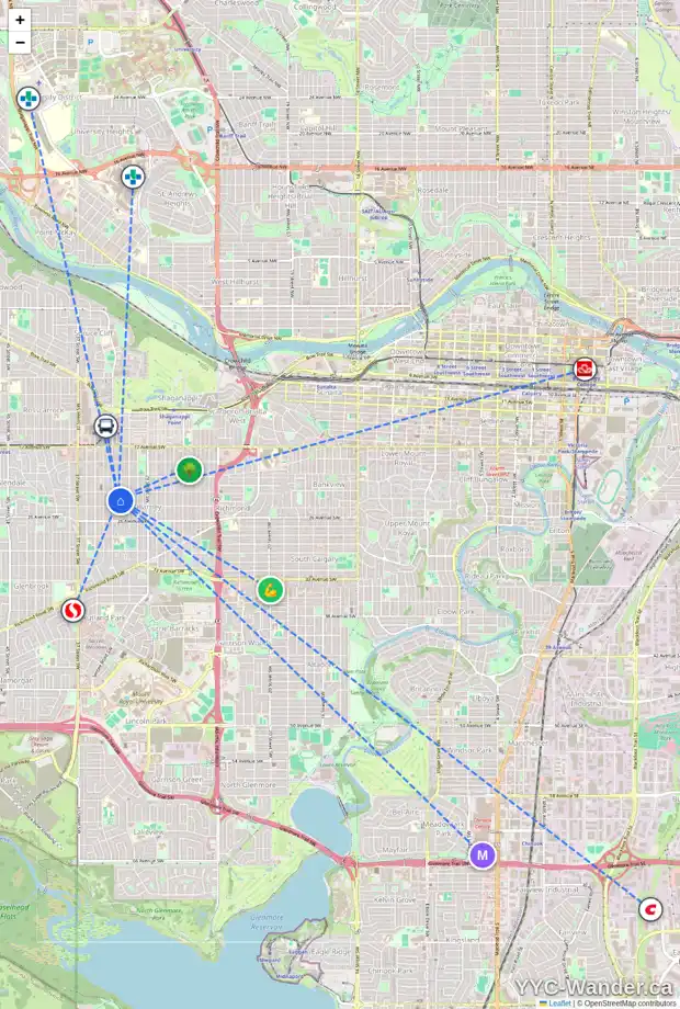 Daily accessibility map for 2419 32 ST SW, Calgary showing nearby schools, grocery stores, parks, LRT stations and nearby amenities