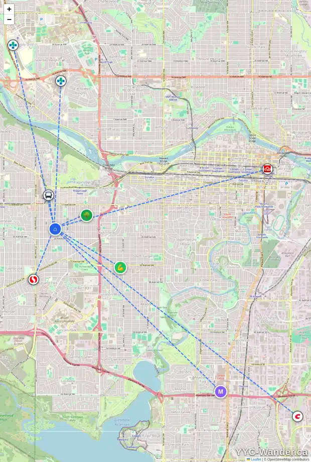 Daily accessibility map for 2417 32 ST SW, Calgary showing nearby schools, grocery stores, parks, LRT stations and nearby amenities