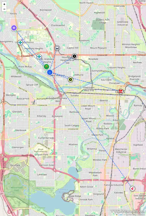 Daily accessibility map for 626 26 ST NW, Calgary showing nearby schools, grocery stores, parks, LRT stations and nearby amenities