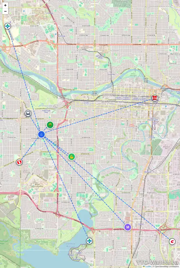 Daily accessibility map for 2435 28 ST SW, Calgary showing nearby schools, grocery stores, parks, LRT stations and nearby amenities