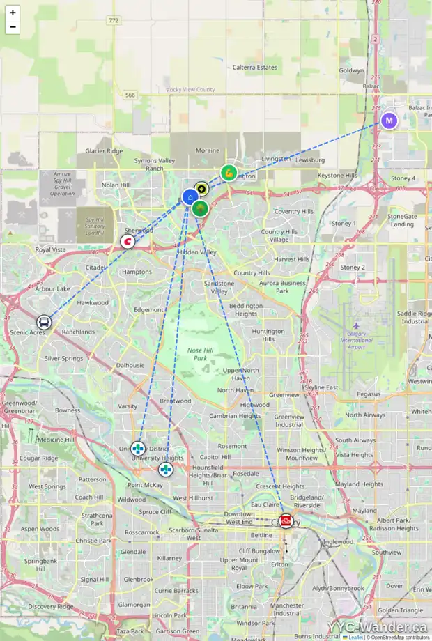 Daily accessibility map for 705 EVANSTON SQ NW, Calgary showing nearby schools, grocery stores, parks, LRT stations and nearby amenities