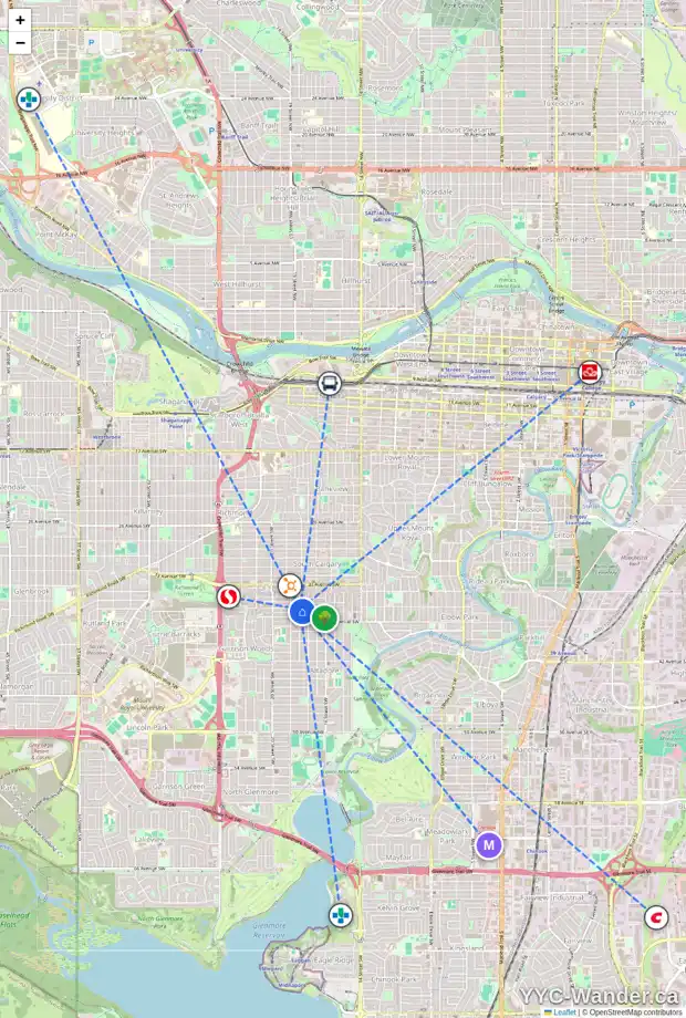 Daily accessibility map for 1824 37 AV SW, Calgary showing nearby schools, grocery stores, parks, LRT stations and nearby amenities