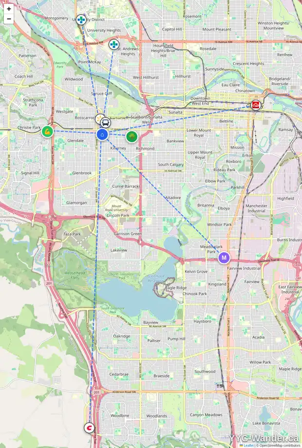 Daily accessibility map for 3604 19 AV SW, Calgary showing nearby schools, grocery stores, parks, LRT stations and nearby amenities