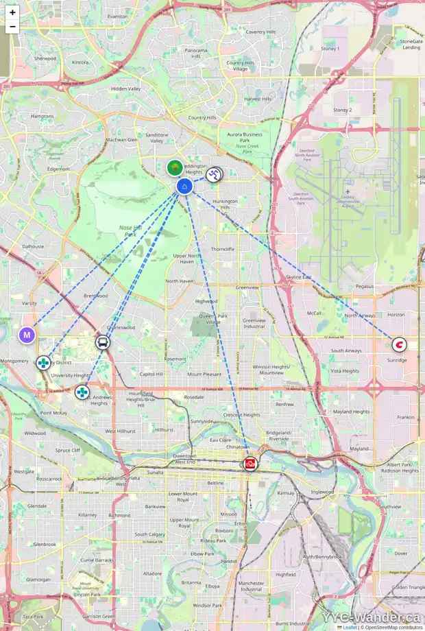Daily accessibility map for 134 HUNTERBROOK PL NW, Calgary showing nearby schools, grocery stores, parks, LRT stations and nearby amenities