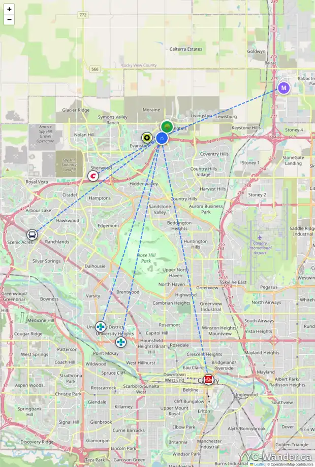 Daily accessibility map for 93 EVANSGLEN DR NW, Calgary showing nearby schools, grocery stores, parks, LRT stations and nearby amenities