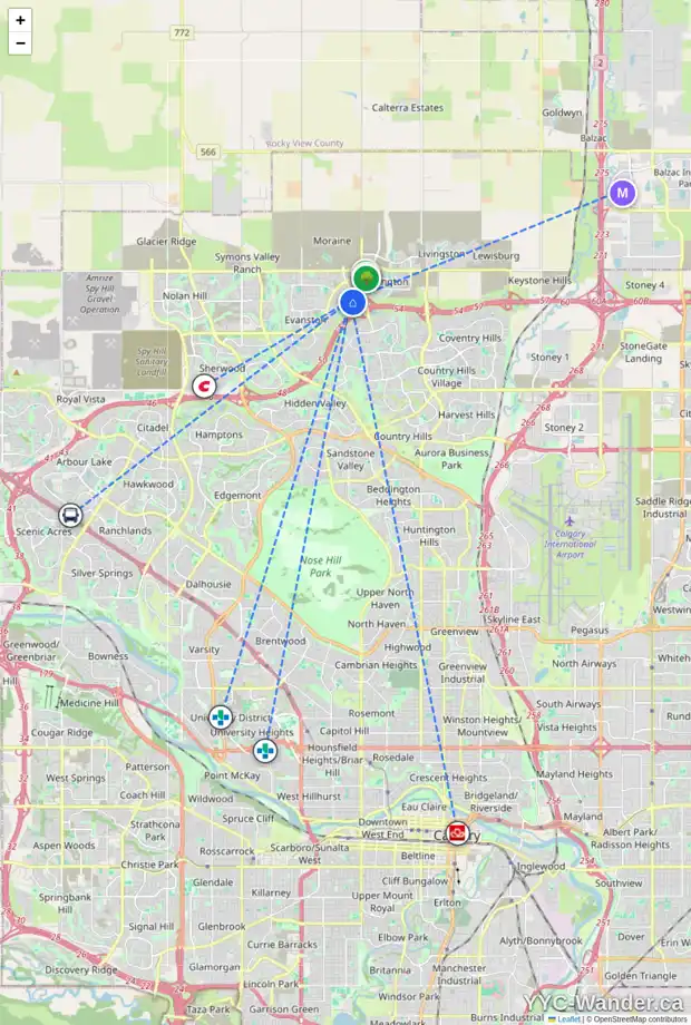 Daily accessibility map for 52 EVANSGLEN DR NW, Calgary showing nearby schools, grocery stores, parks, LRT stations and nearby amenities
